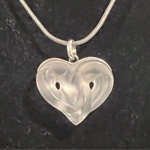 RARE Lalique Crystal Entwined Heart Pendant Sterling Silver Black Cord Necklace